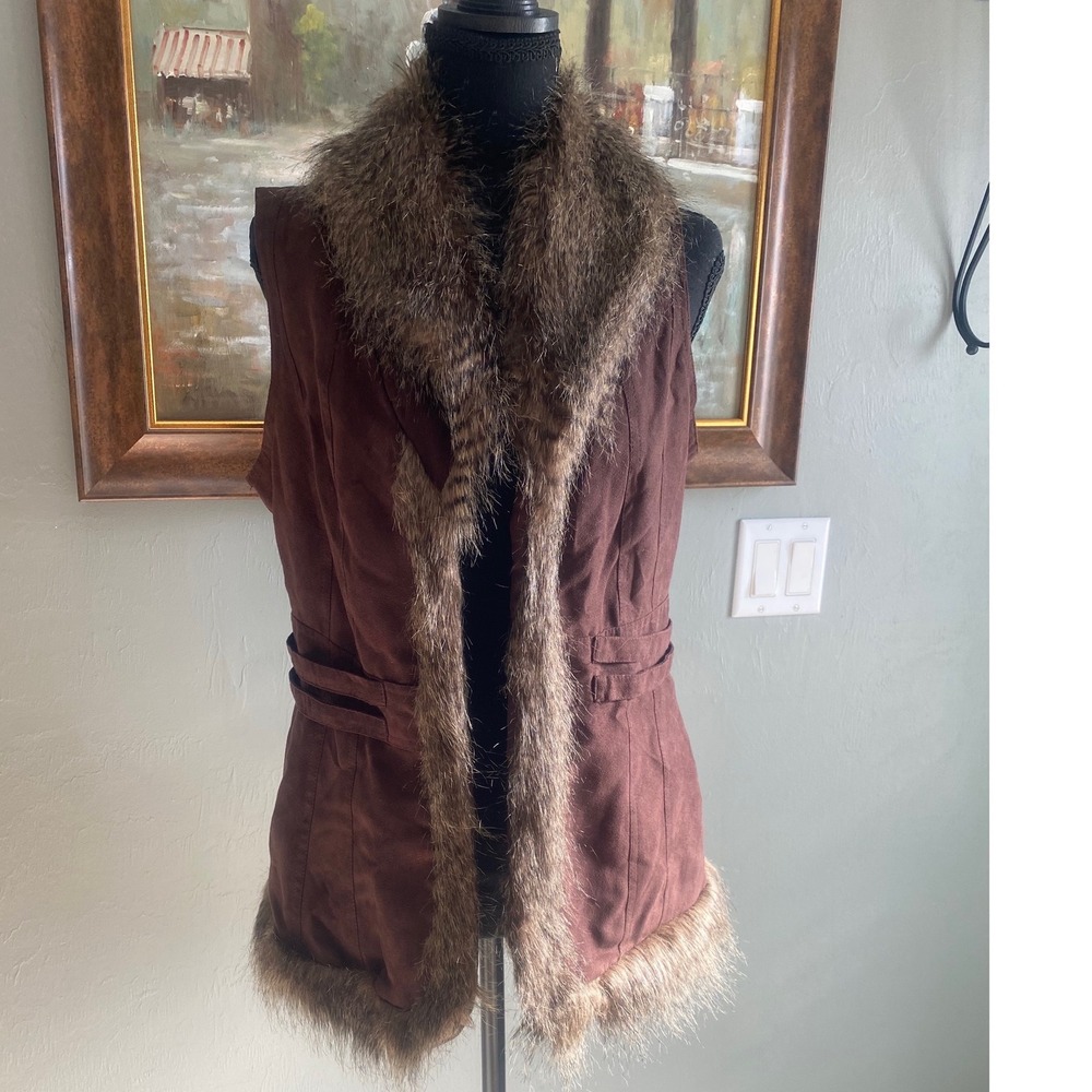 Bagatelle Womens Brown Faux Suede Vest Faux Fur Trim Boho 61199 Small